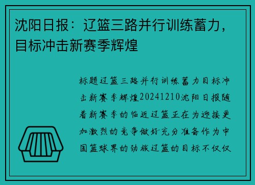 沈阳日报：辽篮三路并行训练蓄力，目标冲击新赛季辉煌