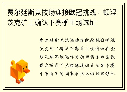 费尔廷斯竞技场迎接欧冠挑战：顿涅茨克矿工确认下赛季主场选址