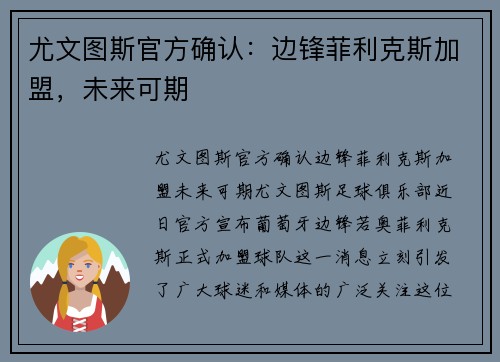尤文图斯官方确认：边锋菲利克斯加盟，未来可期