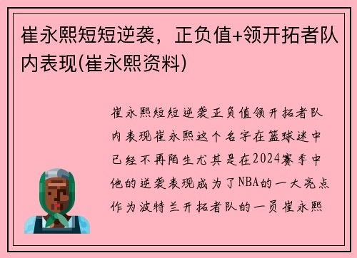 崔永熙短短逆袭，正负值+领开拓者队内表现(崔永熙资料)