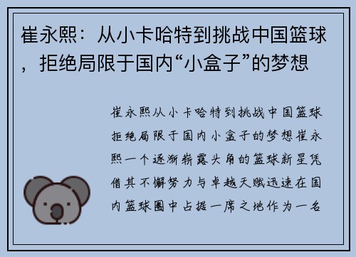 崔永熙：从小卡哈特到挑战中国篮球，拒绝局限于国内“小盒子”的梦想