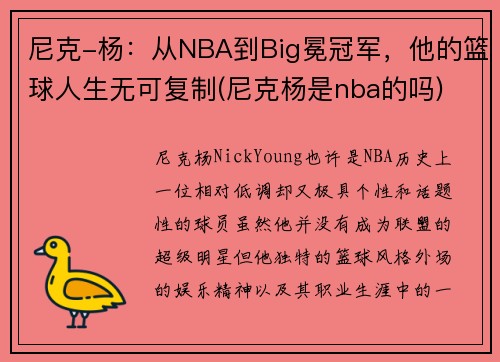 尼克-杨：从NBA到Big冕冠军，他的篮球人生无可复制(尼克杨是nba的吗)