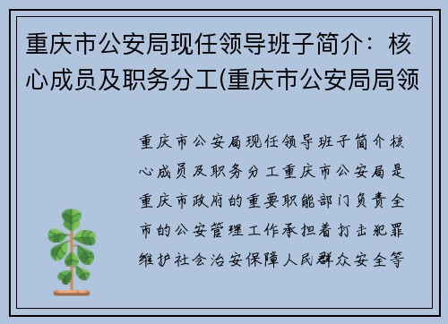 重庆市公安局现任领导班子简介：核心成员及职务分工(重庆市公安局局领导分工)