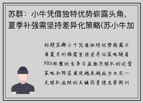 苏群：小牛凭借独特优势崭露头角，夏季补强需坚持差异化策略(苏小牛加盟)